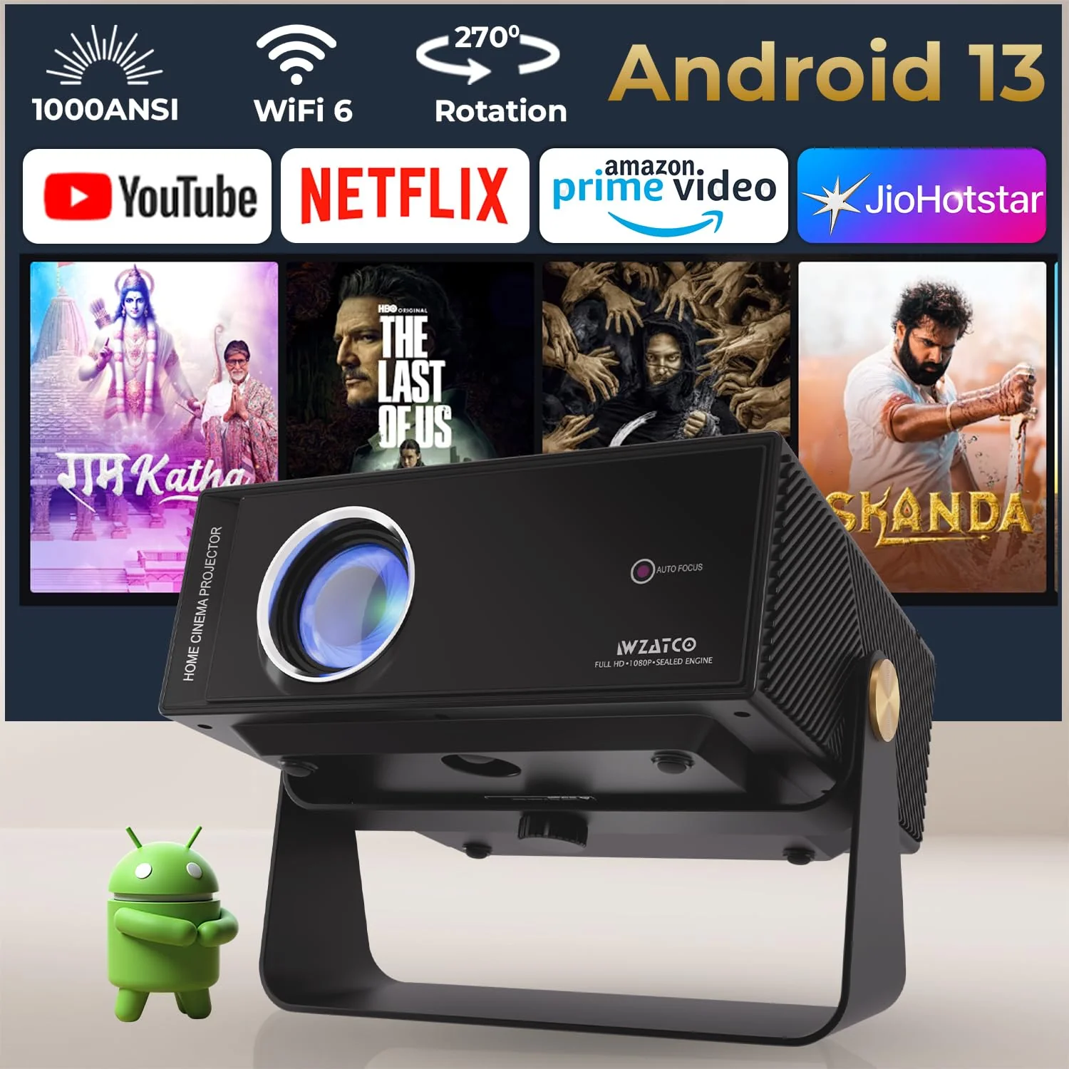 WZATCO Yuva Blaze, Android 13, Smart Home Projector 4k Ultra HD, Native 1080P Fully Automatic, 1000 ANSI Lumens, HDMI ARC, WiFi 6 & BT, Screen Mirroring, Portable Room Cinema, 270° Rotate, Black - Image 3
