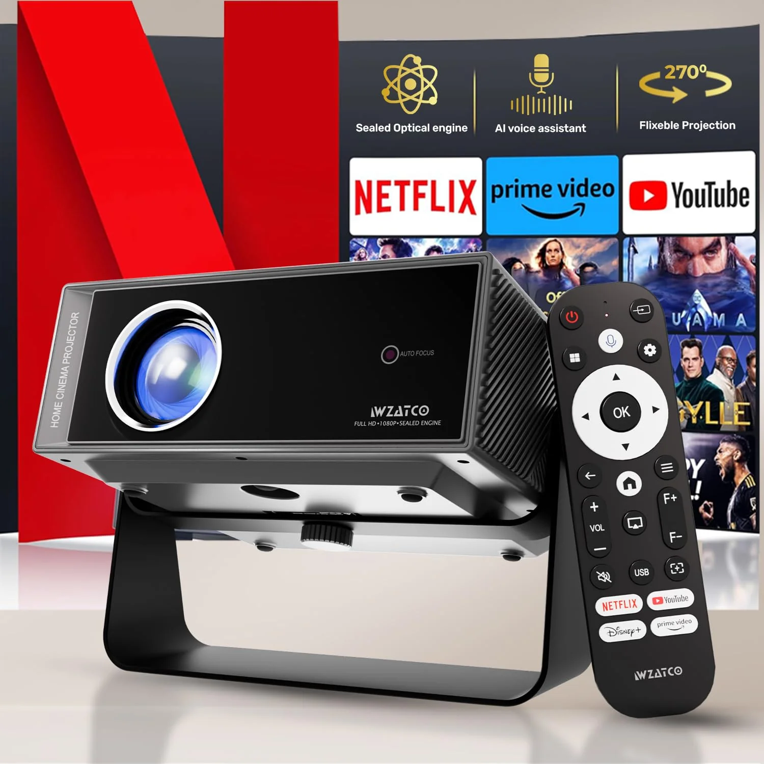 WZATCO Yuva Blaze Plus, Netflix Certified, Smart Home Projector 4k Ultra HD, Native 1080P Fully Automatic, 1000 ANSI, HDMI ARC, WiFi 6 & BT, Screen Mirroring, Portable Room Cinema, 270° Rotate, Grey - Image 2