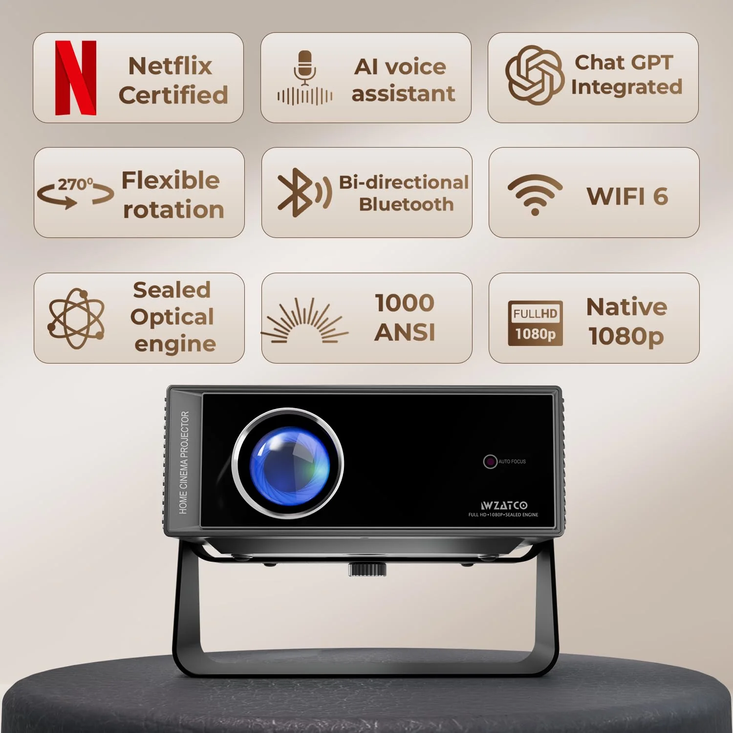 WZATCO Yuva Blaze Plus, Netflix Certified, Smart Home Projector 4k Ultra HD, Native 1080P Fully Automatic, 1000 ANSI, HDMI ARC, WiFi 6 & BT, Screen Mirroring, Portable Room Cinema, 270° Rotate, Grey - Image 3