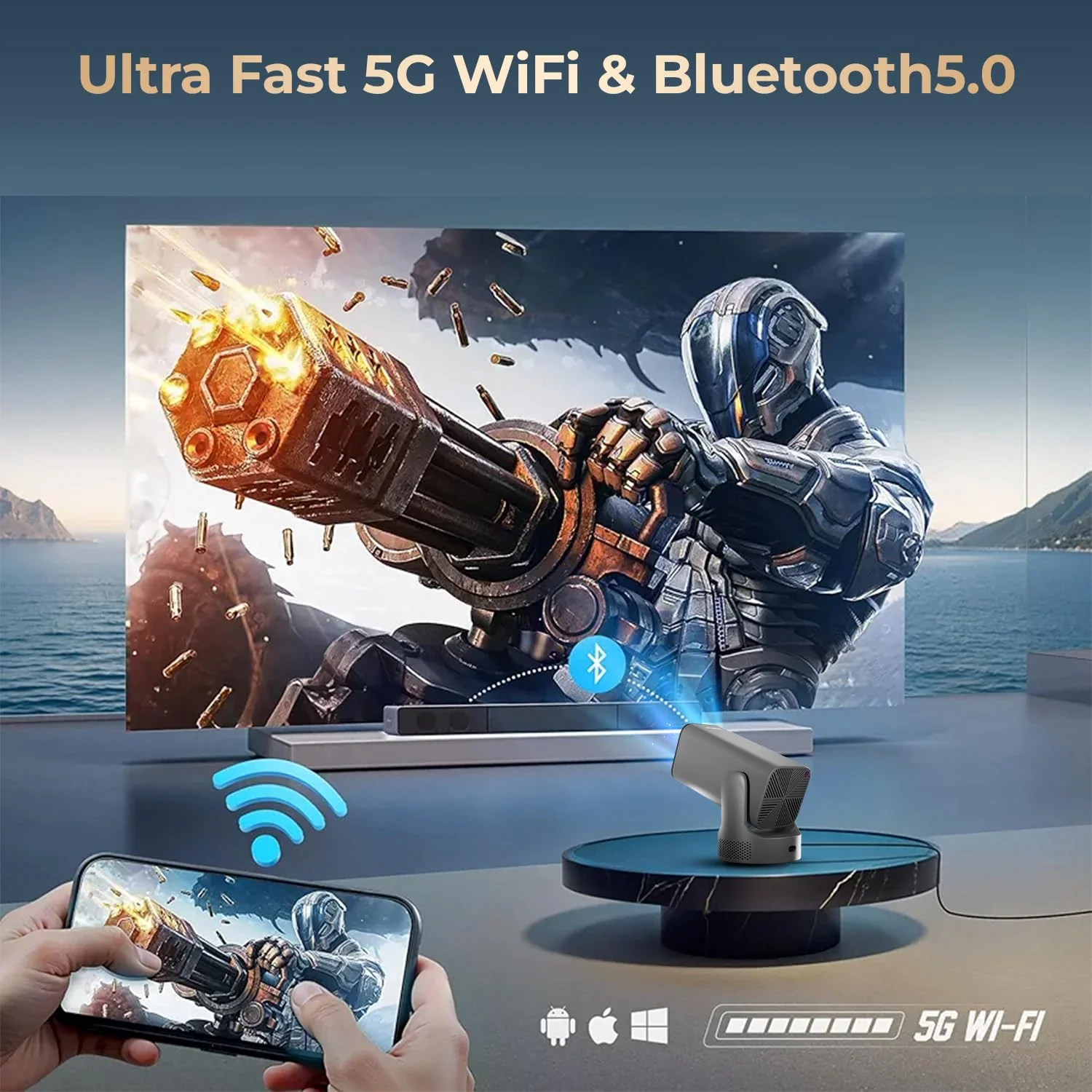 WZATCO Yuva Go Max, Android 13, Fully Automatic, Smart Home Projector 4k Ultra HD, Native 1080P, Live TV, HDMI ARC, WiFi 6 & BT, Screen Mirroring, Portable Room Cinema, 270° Rotate, Grey - Image 7