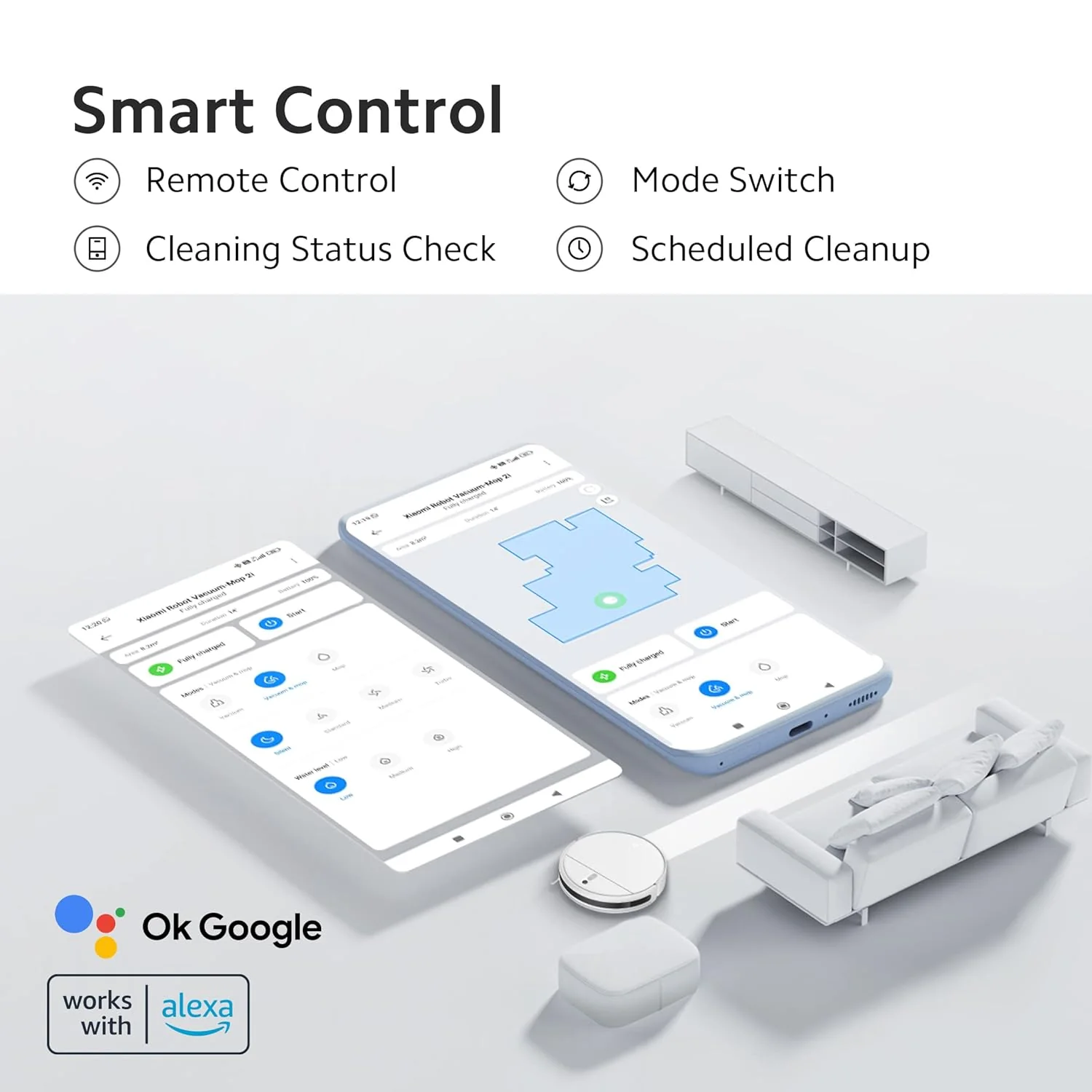 Xiaomi Robot Vacuum-Mop 2i, 2200 Pa Powerful Suction, 450 mL Large-Capacity Dustbin, Electronically-Controlled 270 mL Water Tank, Controls remotely via app, Alexa/GA Enabled, White - Image 10
