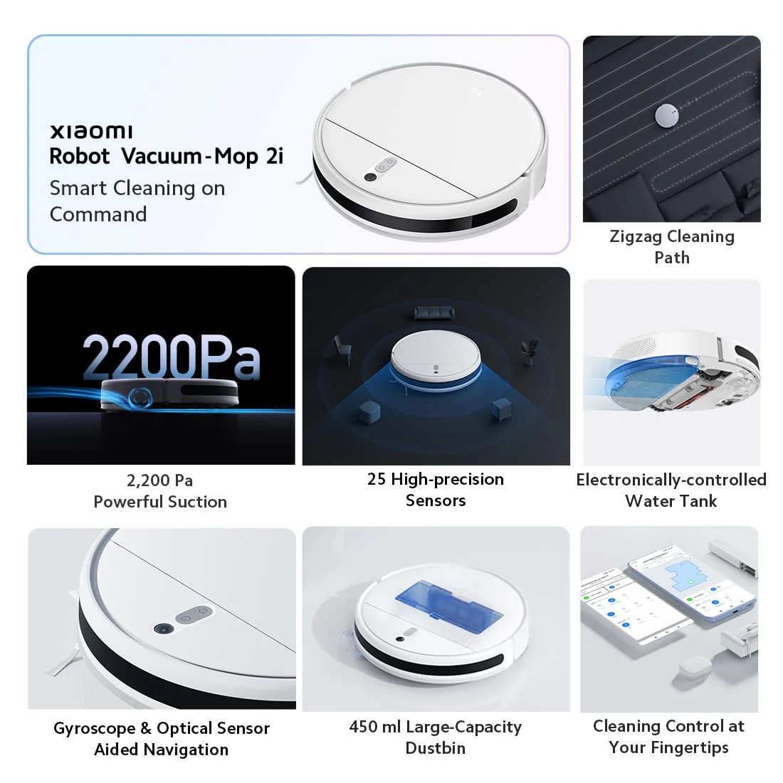 Xiaomi Robot Vacuum-Mop 2i, 2200 Pa Powerful Suction, 450 mL Large-Capacity Dustbin, Electronically-Controlled 270 mL Water Tank, Controls remotely via app, Alexa/GA Enabled, White - Image 8