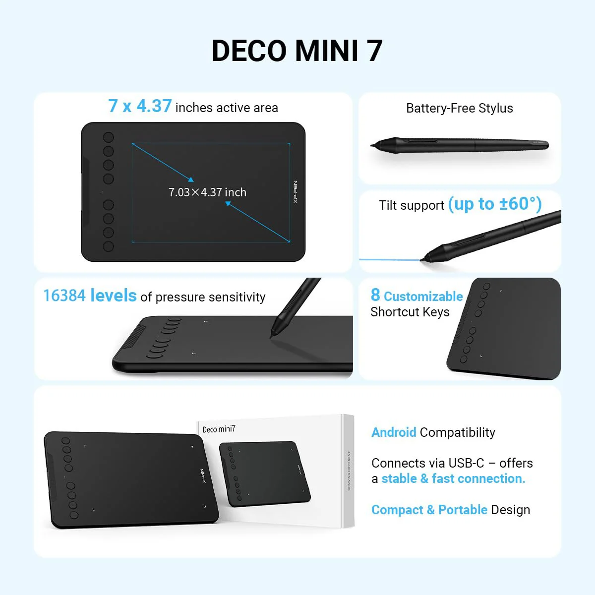 XPPen Updated Deco Mini7 V2 Drawing Tablet-16384 Levels of Pressure Battery-Free Stylus, 7 x 4 OSU Drawing Pad, 8 Hotkeys for Digital Art, Teaching, Gaming Graphic Tablet for Chrome, PC, Mac, Android - Image 3
