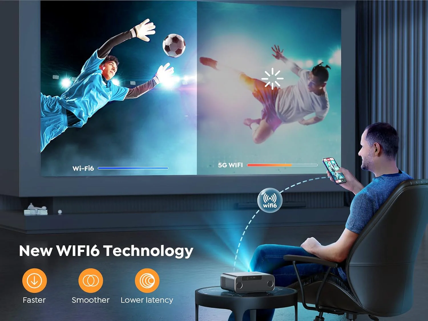 YABER PRO V9 WiFi 6 Bluetooth Projector, 500ANSI Lumens 1080P Portable Projector 4K Supported, Zoom Function 300" Display Home Cinema Projector for Smartphone/TV Stick/PPT/PS5 - Image 5