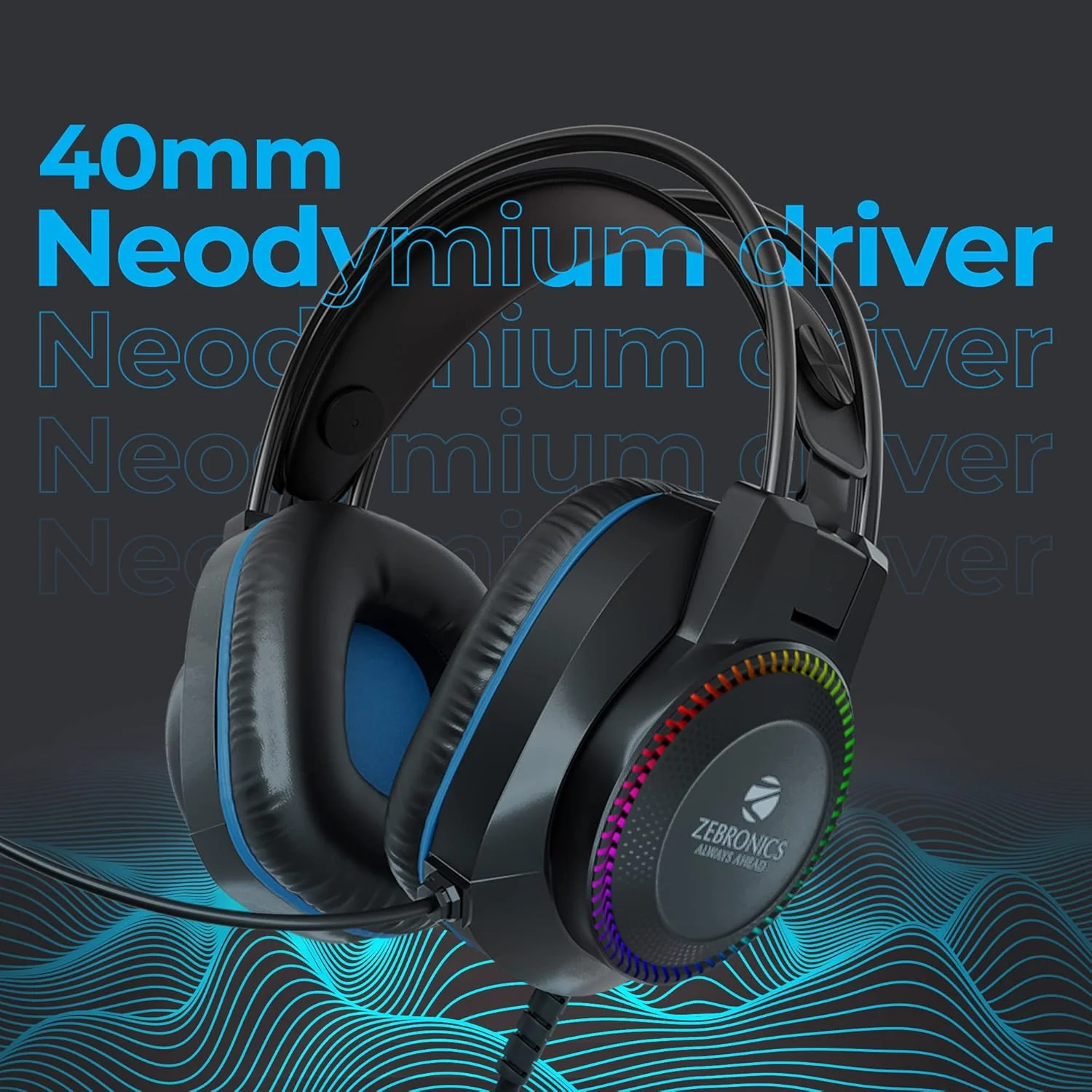 Zebronics Jet PRO Premium Wired Gaming On Ear Headphone with LED for Headband + earcups, 40mm Neodymium Drivers, 2 Meter Braided Cable, with mic, Suspension Design, 3.5mm + USB Connector (Black, Blue) - Image 2