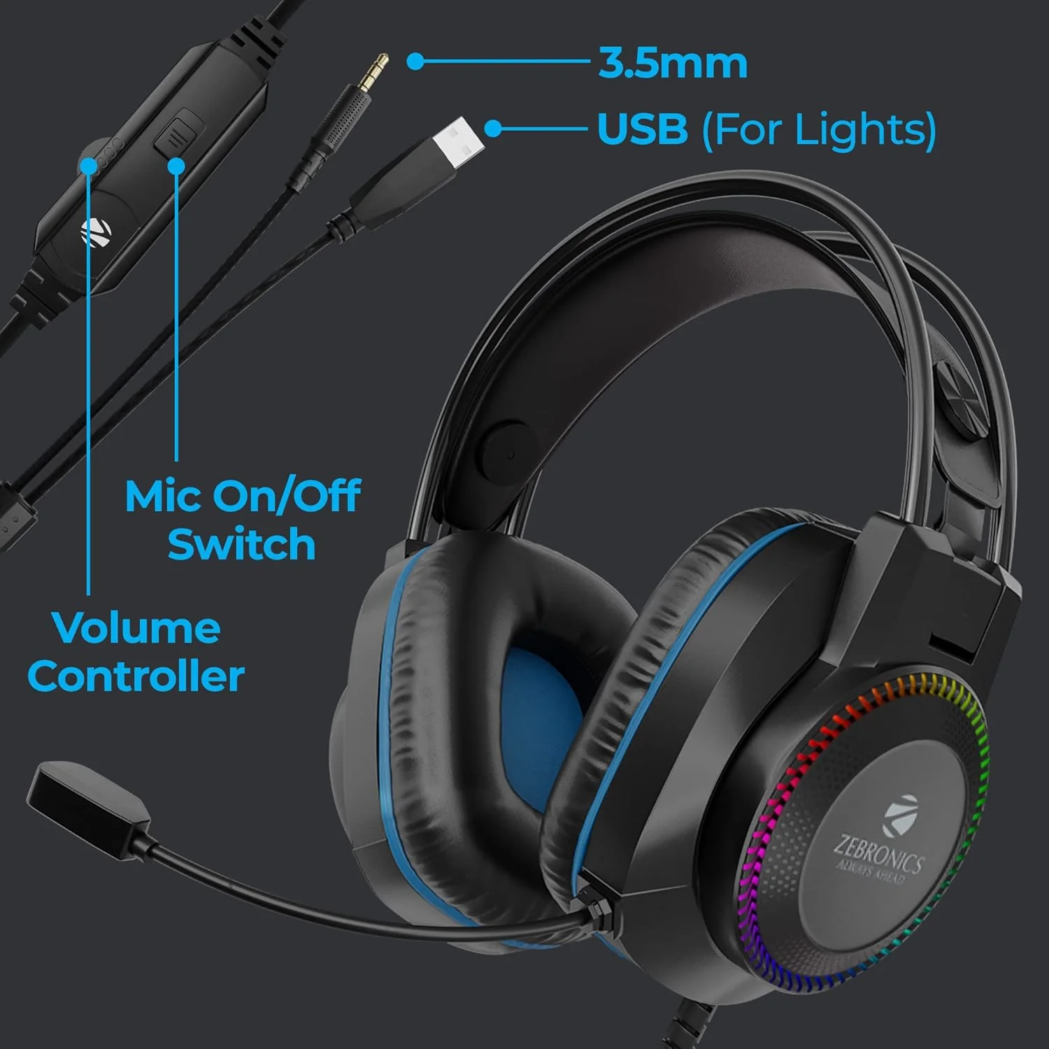 Zebronics Jet PRO Premium Wired Gaming On Ear Headphone with LED for Headband + earcups, 40mm Neodymium Drivers, 2 Meter Braided Cable, with mic, Suspension Design, 3.5mm + USB Connector (Black, Blue) - Image 3