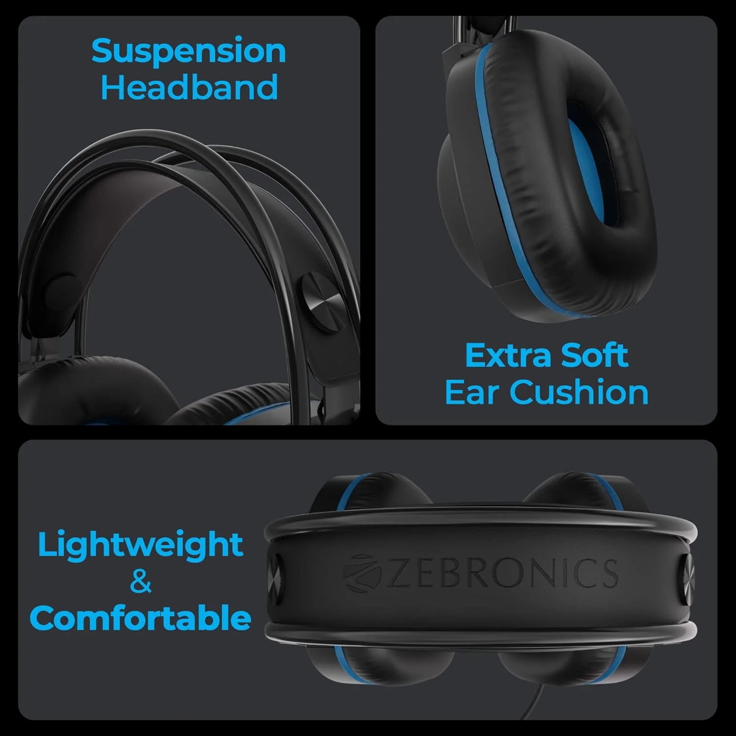 Zebronics Jet PRO Premium Wired Gaming On Ear Headphone with LED for Headband + earcups, 40mm Neodymium Drivers, 2 Meter Braided Cable, with mic, Suspension Design, 3.5mm + USB Connector (Black, Blue) - Image 7