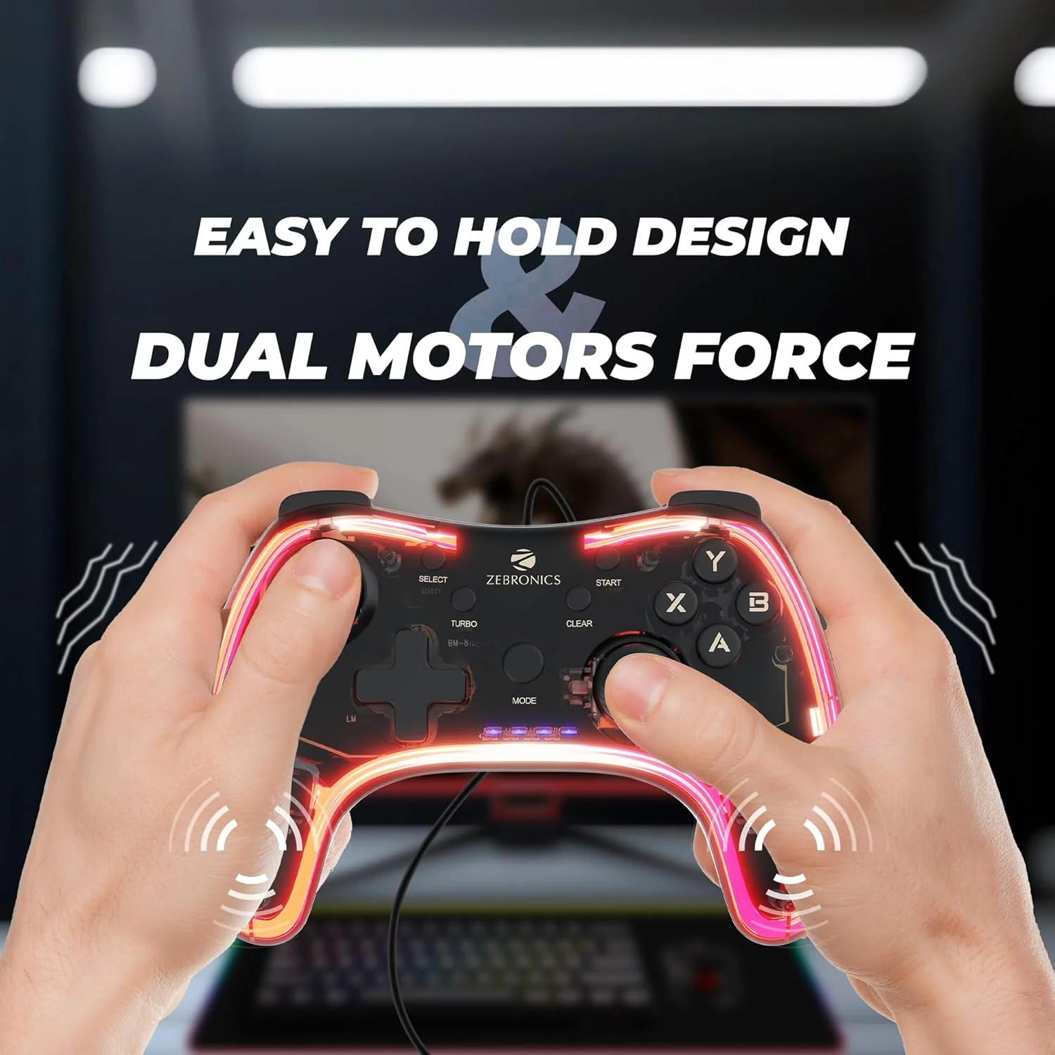 Zebronics MAX FURY Transparent RGB LED Illuminated Wired Gamepad for Windows PC, Android, with Dual analog sticks, Quad front triggers, Dual motors force, Haptic Feedback - Image 4