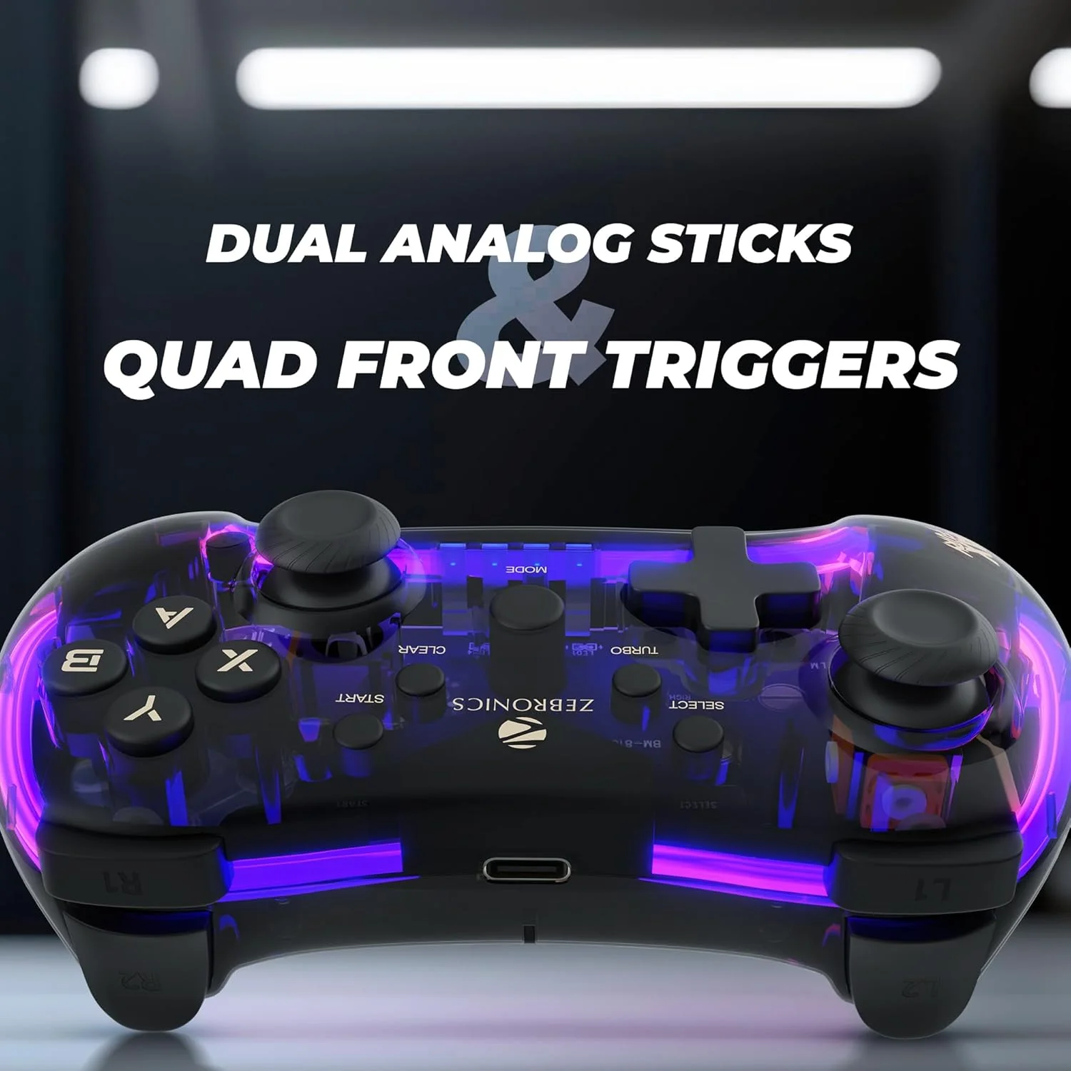 Zebronics MAX FURY Transparent RGB LED Illuminated Wired Gamepad for Windows PC, Android, with Dual analog sticks, Quad front triggers, Dual motors force, Haptic Feedback - Image 5