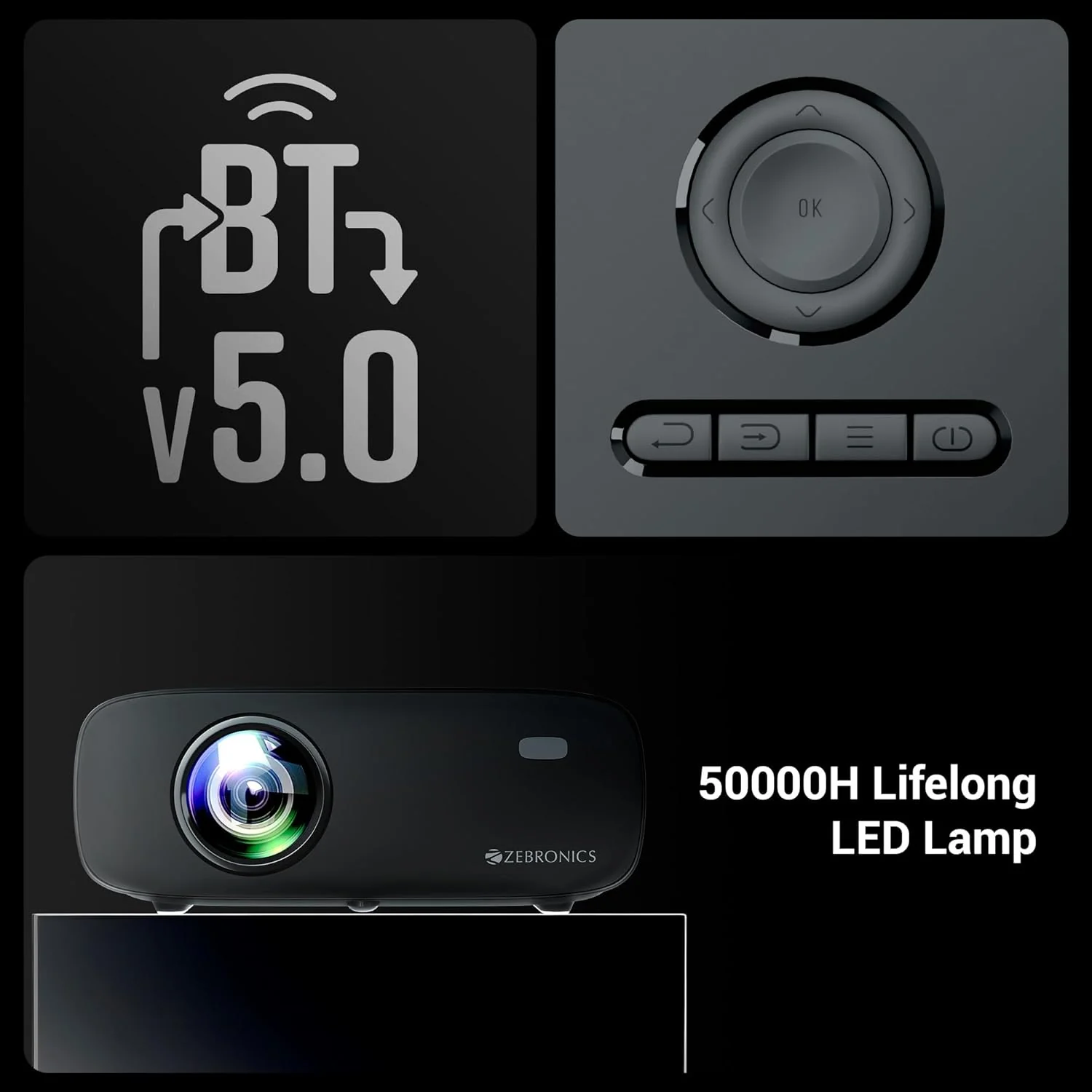 ZEBRONICS PIXAPLAY 55, Smart Projector, 8000 Lumens, 4K Support, 150 Inch Screen Size, Quad Core Processor - Image 4