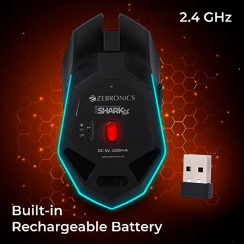 ZEBRONICS Shark Lite Wireless Gaming Mouse with 4600DPI, Comfortable & Ergonomic Design, RGB LED Lights, 6 Buttons, in-Built Rechargeable Battery, Power & LED ON/Off Switch - Image 2