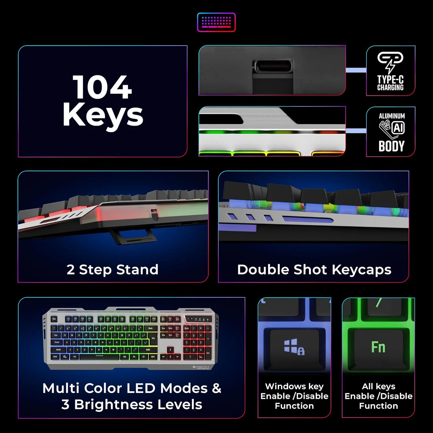 ZEBRONICS Transformer PRO Gaming Wireless Keyboard (Without Mouse & Receiver) - Image 6