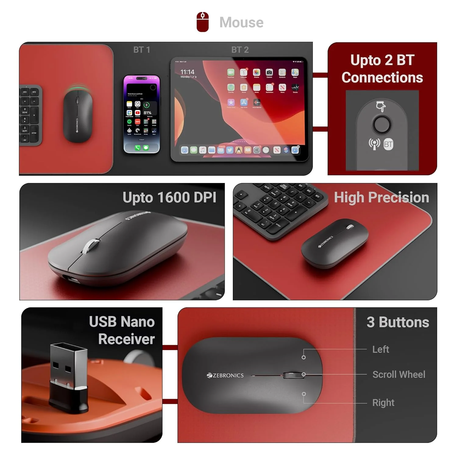 Zebronics Wireless Keyboard & Mouse Combo, 2.4GHz + Multi BT Toggle, Scissor Switch, Mac & Win Toggle, UV Coated Keys, Multimedia Keys, Upto 1600DPI, Type-C Charging, High Precision (Companion 5002) - Image 4