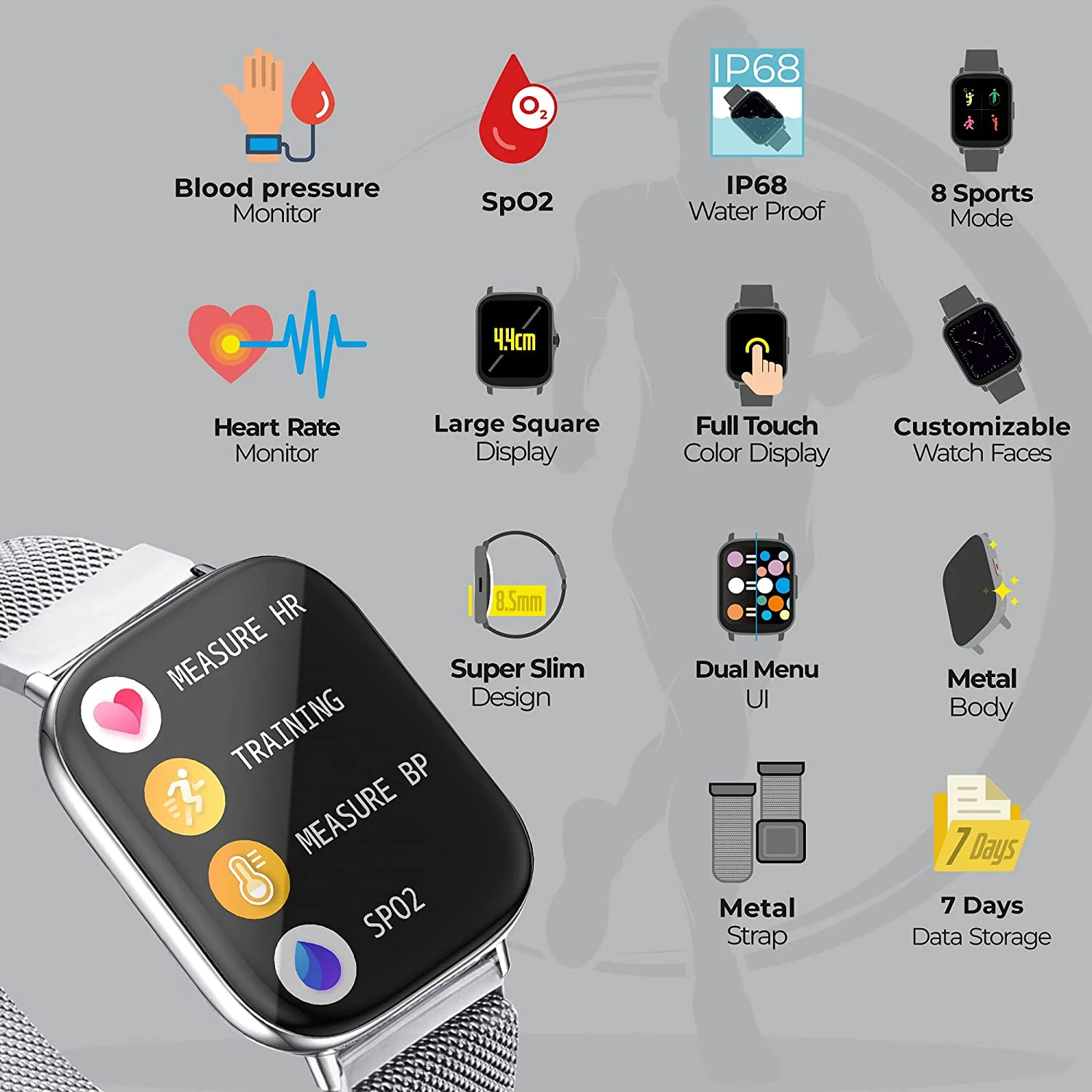 Zebronics Zeb-FIT5220CH Limited Edition Smart Fitness Watch,2.5D Curved Glass 4.4cm Square Display, Metal Body & Strap, SpO2/BP/HR Monitor, IP68 Water Proof, 8 Sports Mode - Image 6