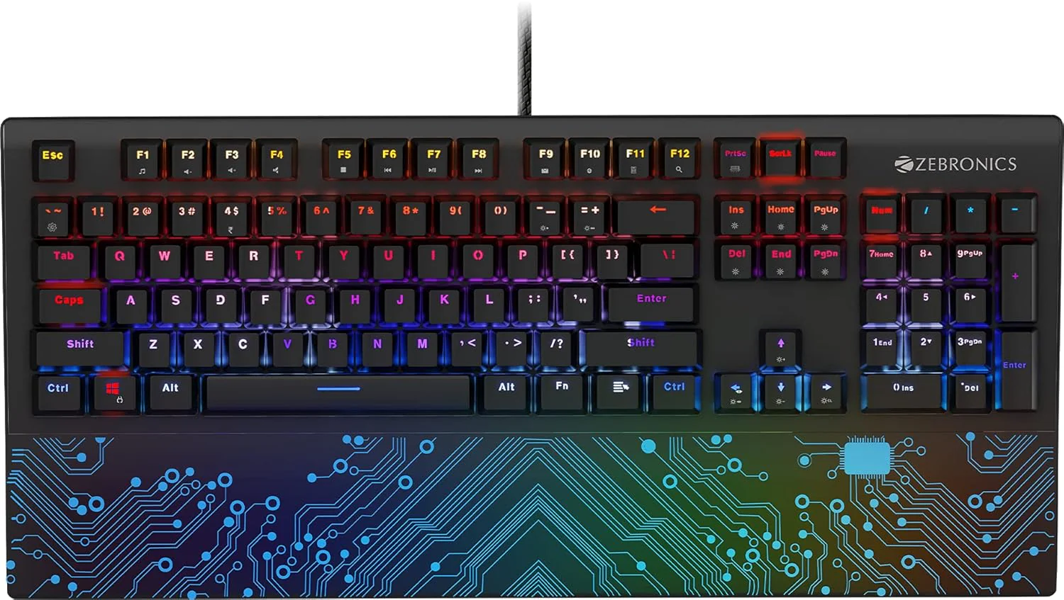 ZEBRONICS Zeb-MAX Chroma Premium Mechanical Gaming Keyboard with 104 Tactile Switch Keys, Wrist Rest, 18 RGB LED Modes, Braided & Gold Plated USB Cable - Image 2