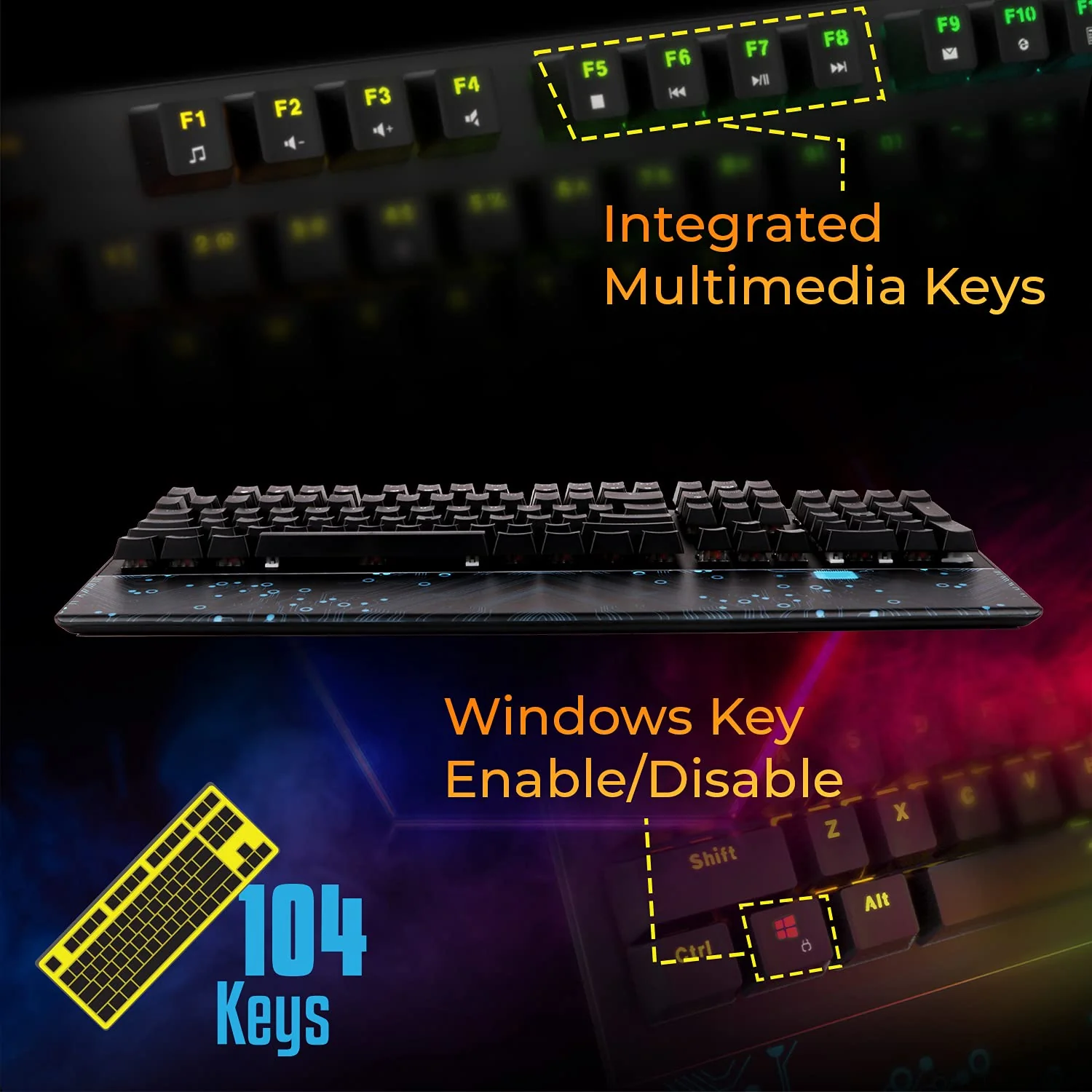 ZEBRONICS Zeb-MAX Chroma Premium Mechanical Gaming Keyboard with 104 Tactile Switch Keys, Wrist Rest, 18 RGB LED Modes, Braided & Gold Plated USB Cable - Image 3