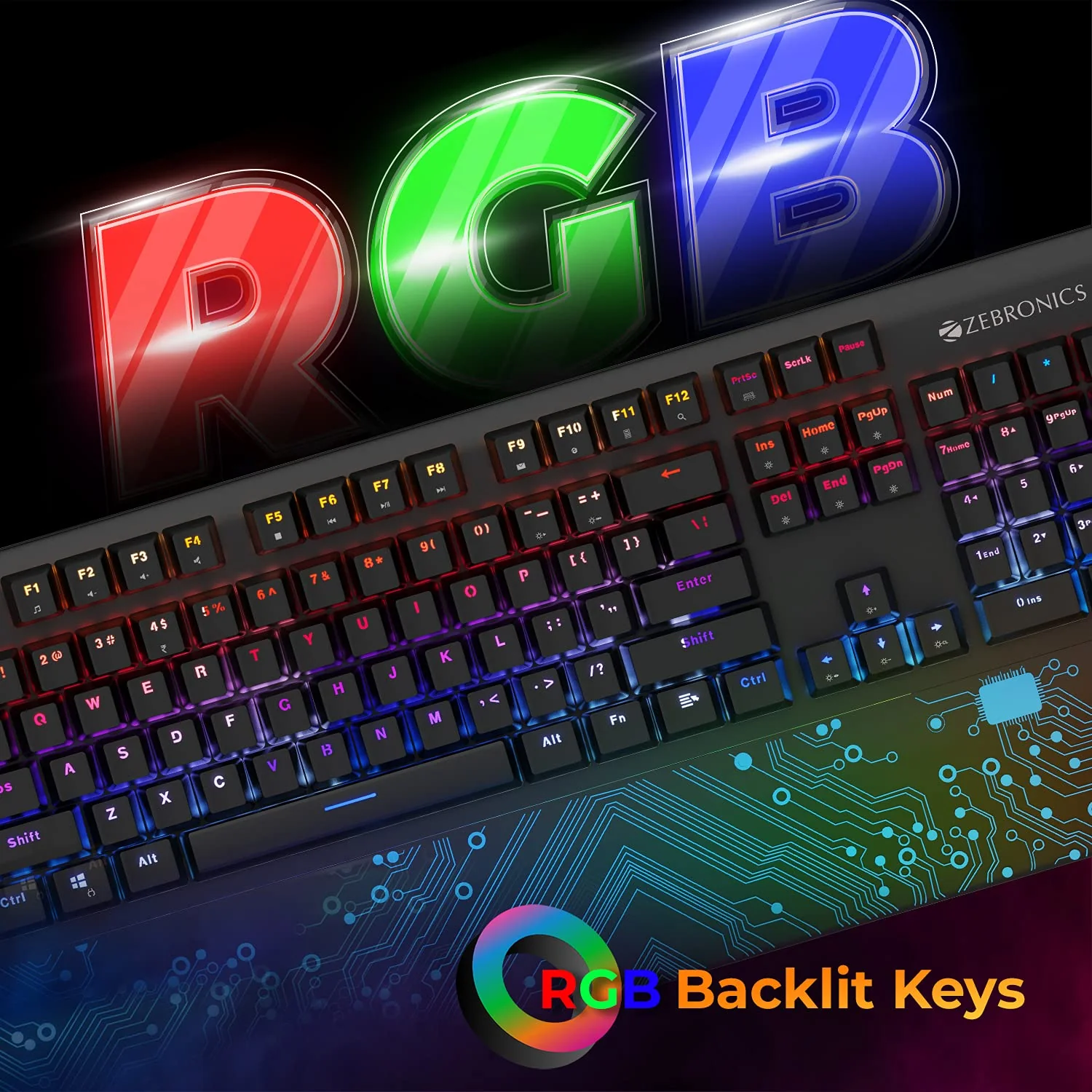 ZEBRONICS Zeb-MAX Chroma Premium Mechanical Gaming Keyboard with 104 Tactile Switch Keys, Wrist Rest, 18 RGB LED Modes, Braided & Gold Plated USB Cable - Image 4