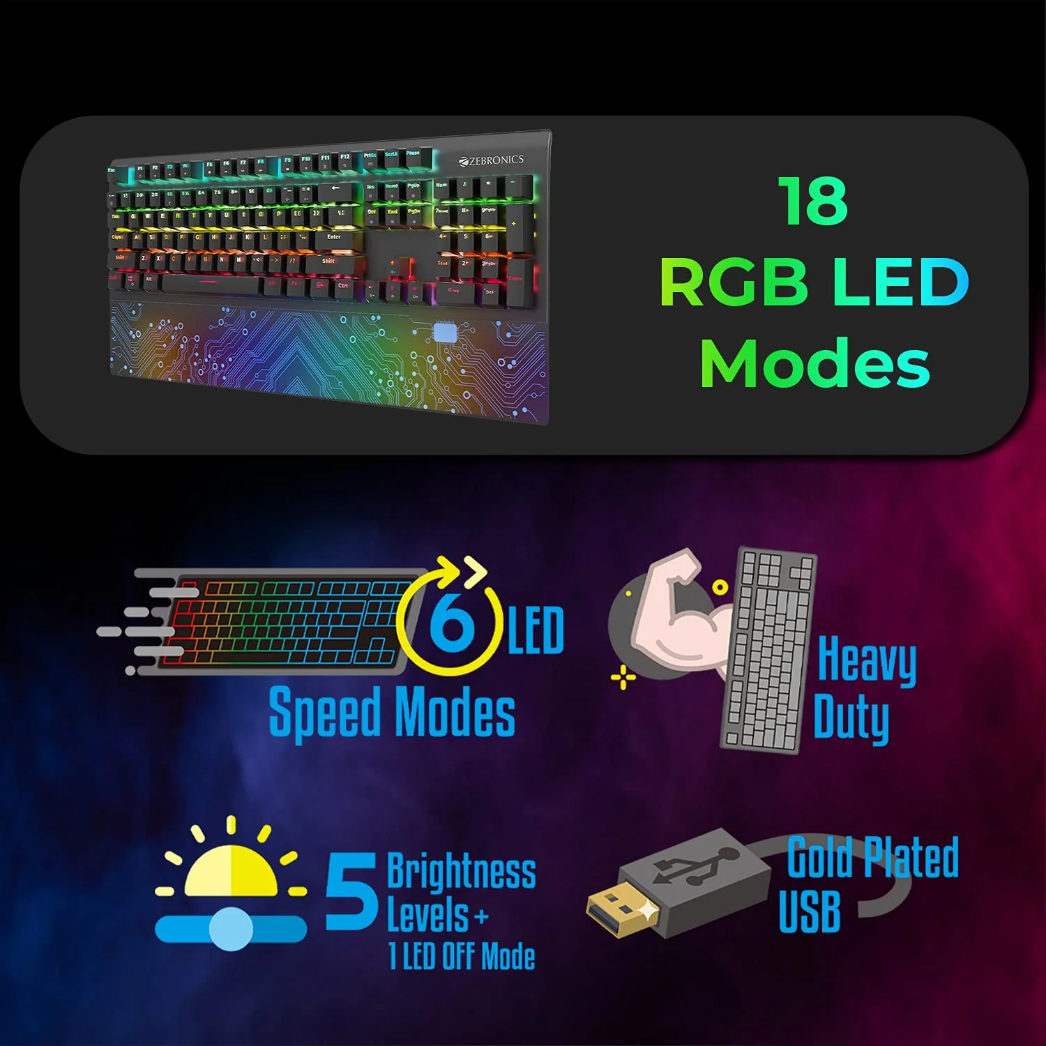 ZEBRONICS Zeb-MAX Chroma Premium Mechanical Gaming Keyboard with 104 Tactile Switch Keys, Wrist Rest, 18 RGB LED Modes, Braided & Gold Plated USB Cable - Image 7